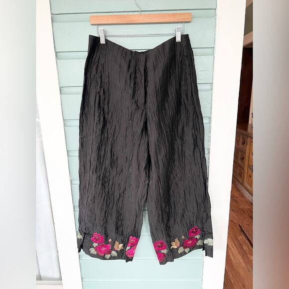 Citron black crinkly pants floral embroidered hem linen blend wide leg artsy M - Picture 1 of 10